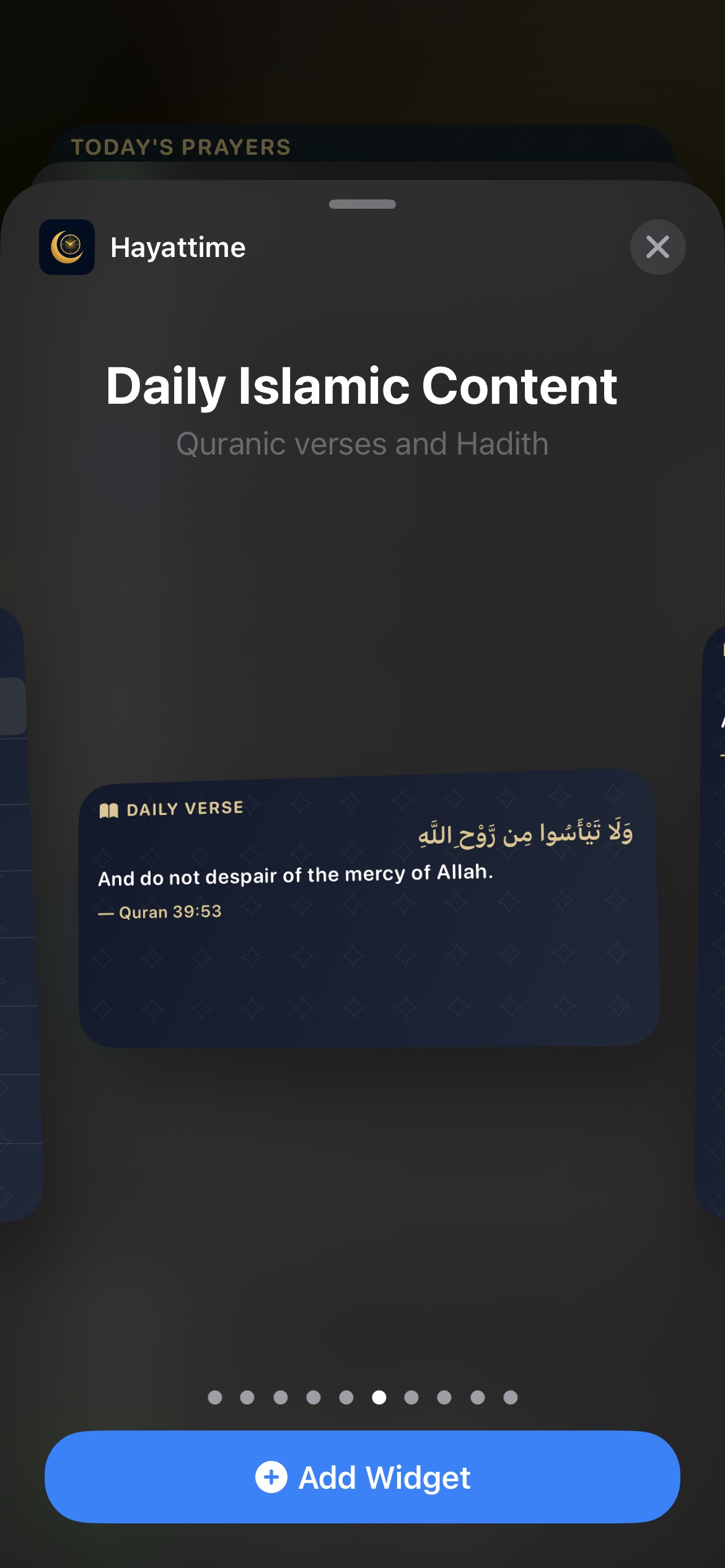 HayatTime Daily Islamic Content widget showing a Quran verse