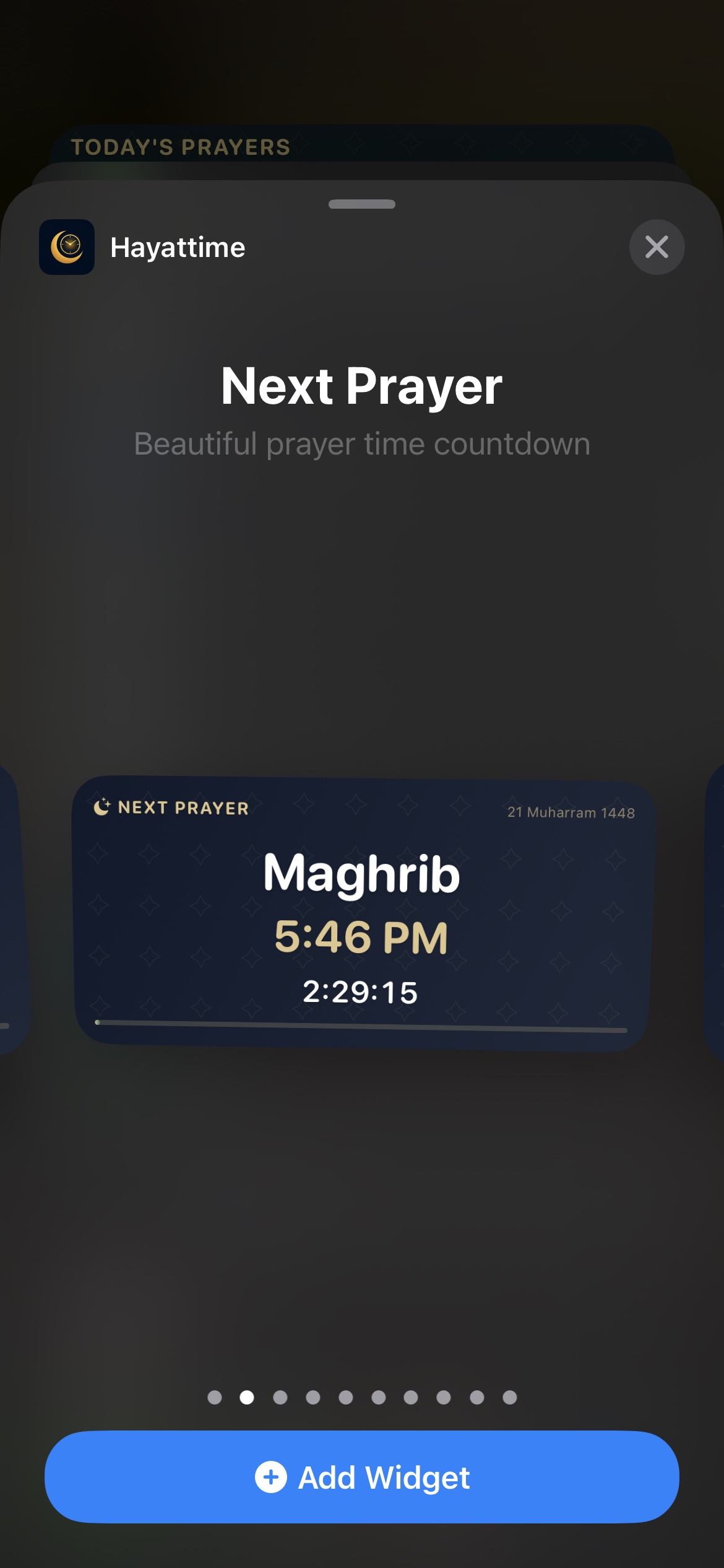 HayatTime Next Prayer countdown widget in the iOS widget gallery