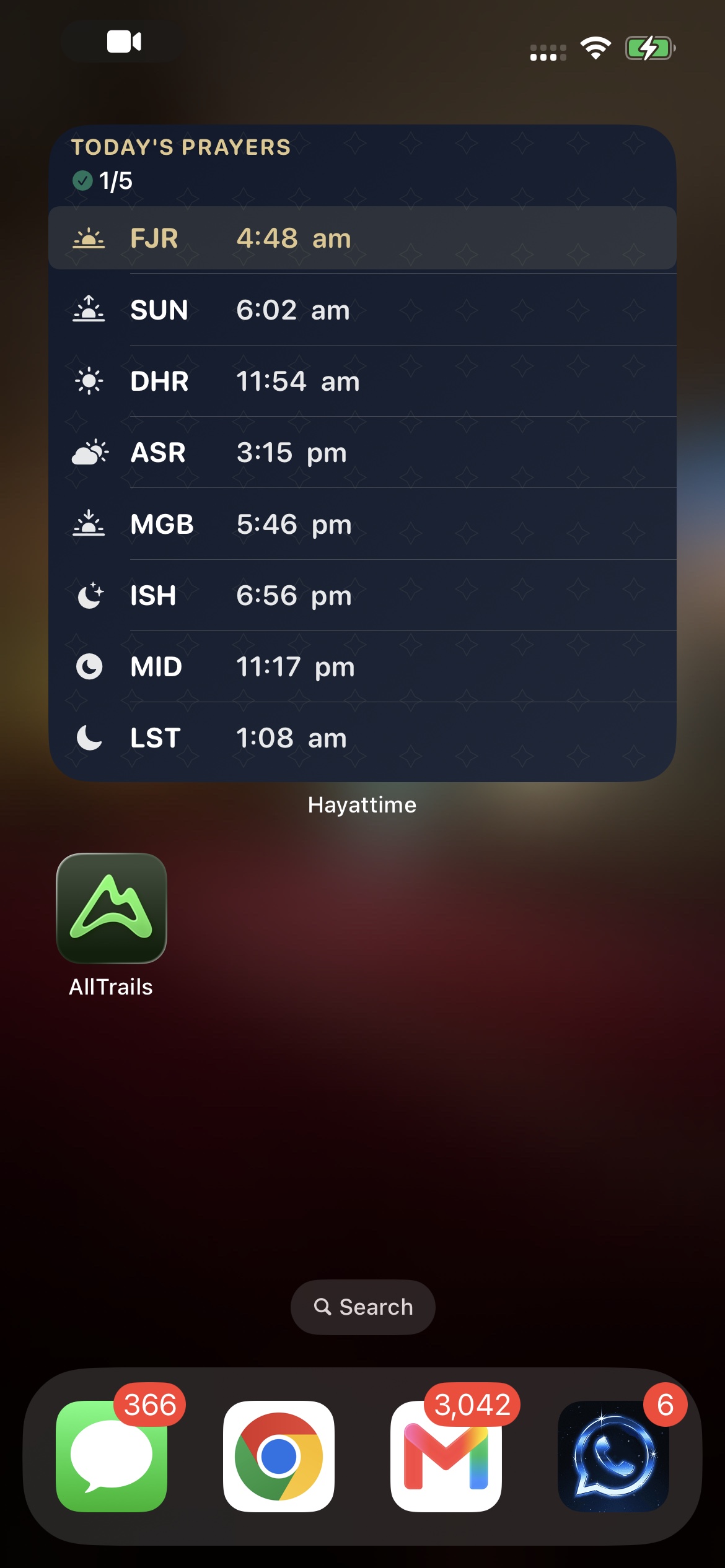 HayatTime Today's Prayers widget on an iPhone Home Screen